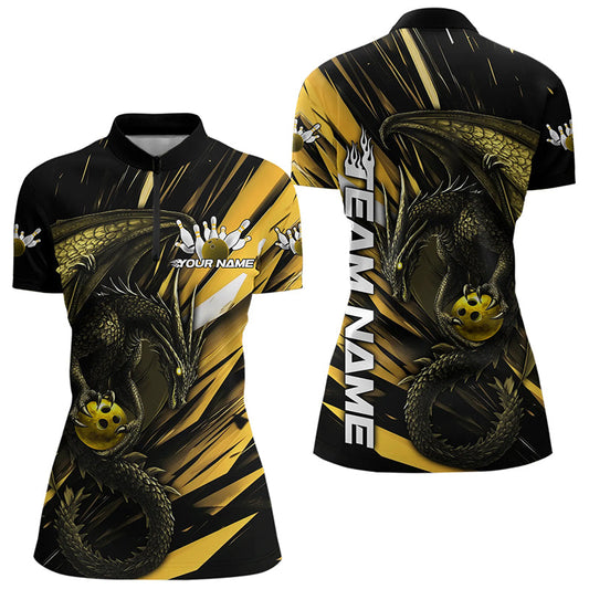 Black And Yellow Custom Dragon Bowling Team Women Quarter-Zip Shirt, Bowling League Shirt IPHW8967
