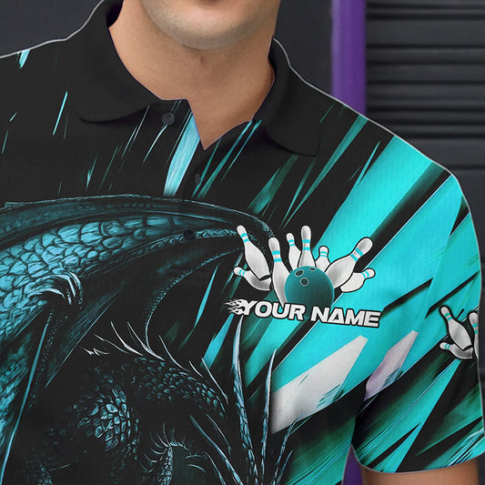 Black And Blue Custom Dragon Bowling Team Polo Shirts For Men, Bowling League Shirt IPHW8968