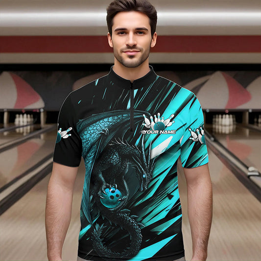 Black And Blue Custom Dragon Bowling Team Quarter-Zip Shirts For Men, Bowling League Shirt IPHW8968