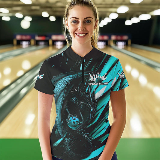 Black And Blue Custom Dragon Bowling Team Women Quarter-Zip Shirt, Bowling League Shirt IPHW8968