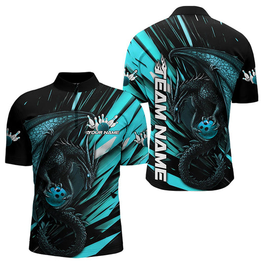 Black And Blue Custom Dragon Bowling Team Quarter-Zip Shirts For Men, Bowling League Shirt IPHW8968