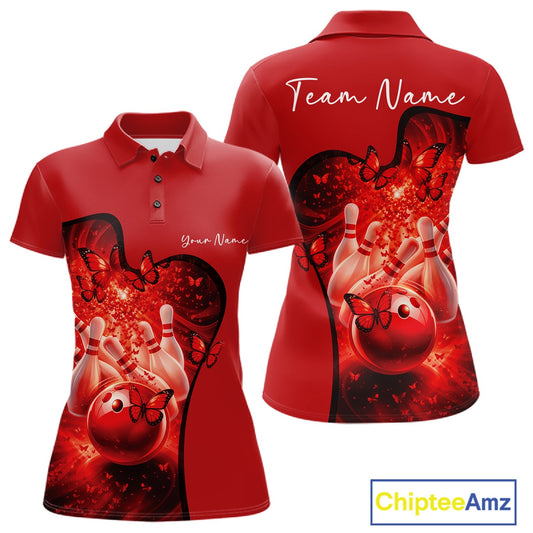 Women s red bowling polo shirt mockup shown from front and back with butterfly artwork and bowling graphics.