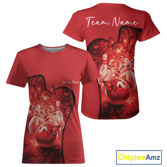 Custom Red Butterfly Bowling Women Team T-Shirts, Ladies Bowlers Outfit IPHW11357