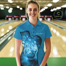 Load image into Gallery viewer, Front view of a female model wearing a blue bowling polo shirt featuring butterfly accents and bowling-themed graphics.