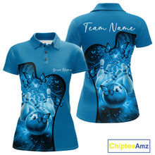 Load image into Gallery viewer, Front and back view of a blue women s bowling polo shirt mockup with butterfly artwork and bowling graphics.
