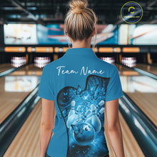 Load image into Gallery viewer, Back view of a female model in a blue bowling quarter zip showcasing butterfly graphics and bowling-themed artwork