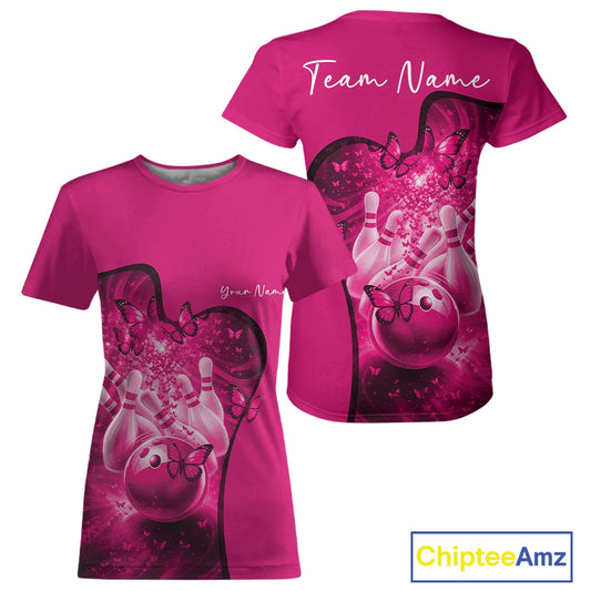 Front and back mockup of a womens crewneck bowling T-shirt decorated with butterfly artwork and colorful bowling graphics in pink