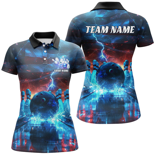 Blue Lightning Patriotic American Flag Custom Bowling Team Shirts For Women IPHW6675