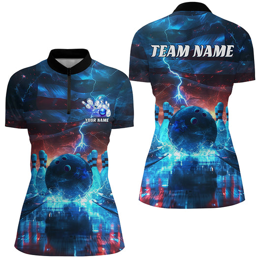 Blue Lightning Patriotic American Flag Custom Bowling Team Shirts For Women IPHW6675