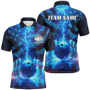 Custom American Flag Bowling Team Jerseys, Patriotic Blue Lightning Bowling Tournament Shirts IPHW6676