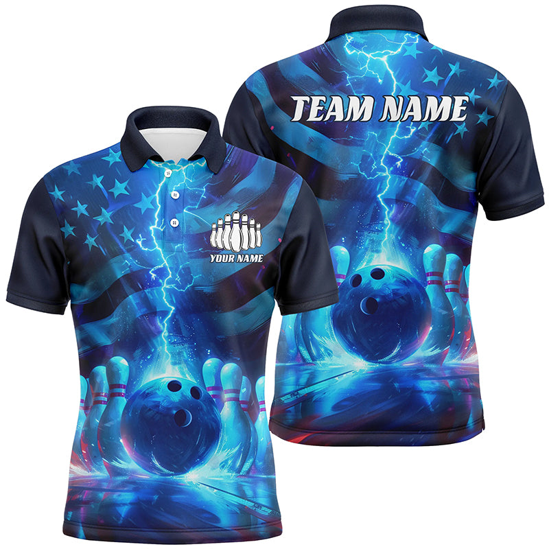 Custom American Flag Bowling Team Jerseys, Patriotic Blue Lightning Bowling Tournament Shirts IPHW6676