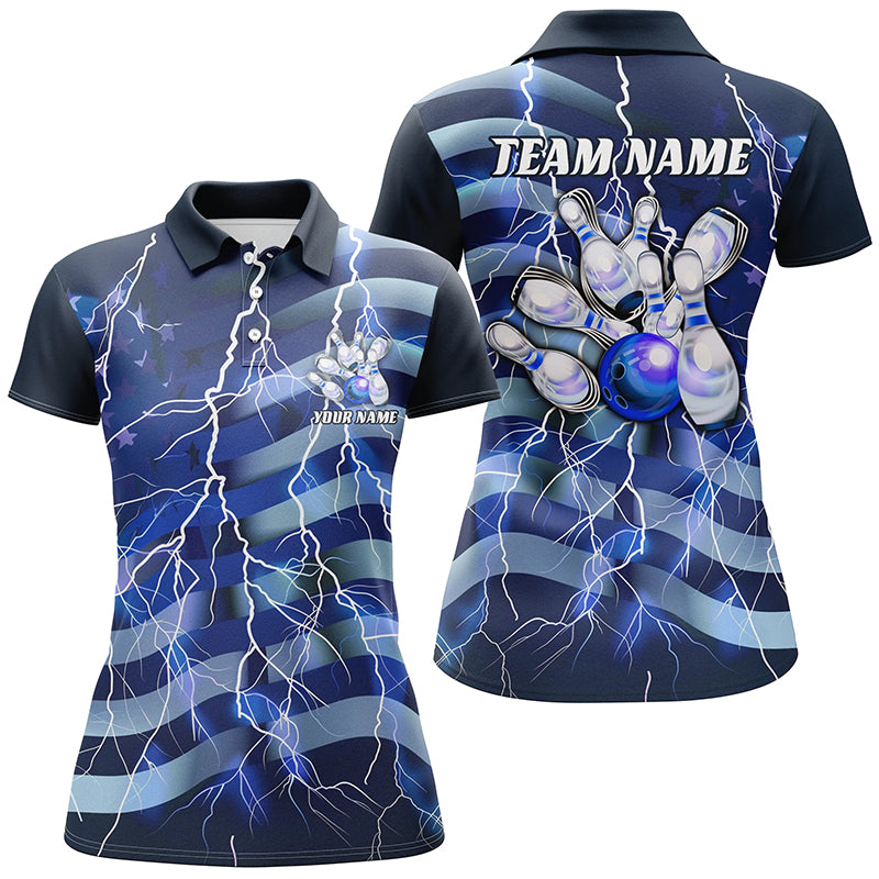 Blue Lightning American Flag Custom Women Bowling Team Shirts Patriotic Bowling Jerseys IPHW6677
