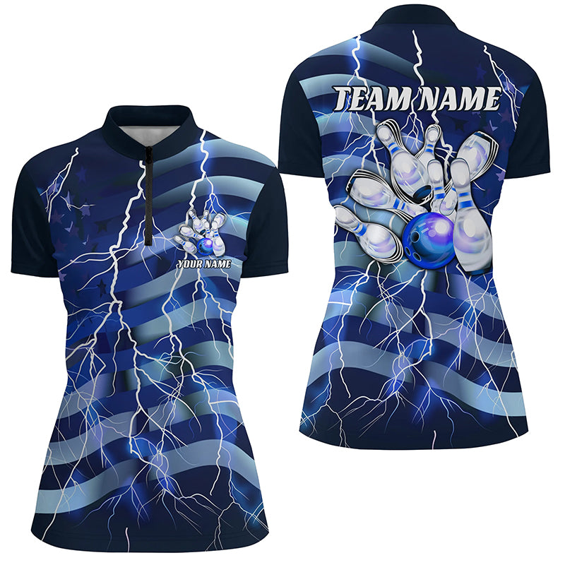 Blue Lightning American Flag Custom Women Bowling Team Shirts Patriotic Bowling Jerseys IPHW6677