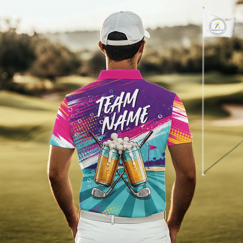 Custom Colorful Golf And Beer Men Polo Shirts, Golf Team Apparel IPHW11670
