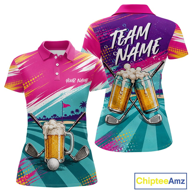 Custom Colorful Golf And Beer Women Polo Shirts, Golf Team Apparel IPHW11670