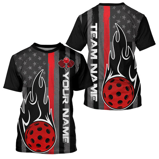 Red Thin Line American Flag Custom US Pickleball T-Shirts For Men, Patriotic Pickleball Team Uniform IPHW7763