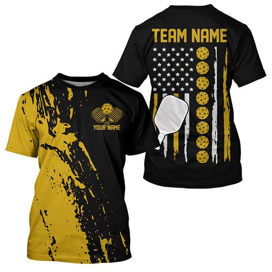 Yellow Thin Line American Pickleball Flag Custom US Pickleball T-Shirts For Men, Patriotic Pickleball Shirt IPHW7770