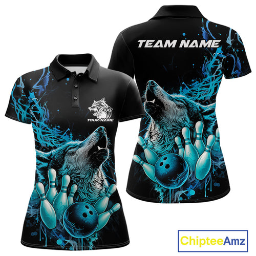 Custom Blue Wolf Howling Women Polo Shirt, Wolf Bowling Team Jerseys IPHW10158