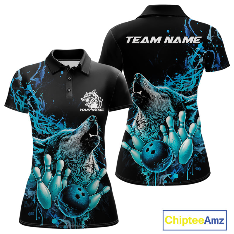 Custom Blue Wolf Howling Women Polo Shirt, Wolf Bowling Team Jerseys IPHW10158