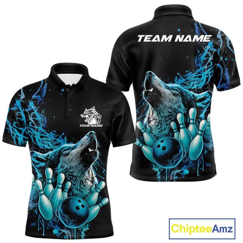 Custom Blue Wolf Howling Men Polo Shirt, Wolf Bowling Team Jerseys IPHW10158