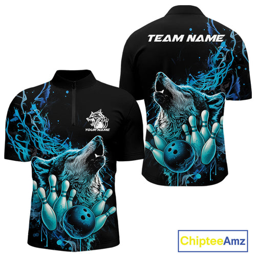 Custom Blue Wolf Howling Men Quarter-Zip Shirt, Wolf Bowling Team Jerseys IPHW10158