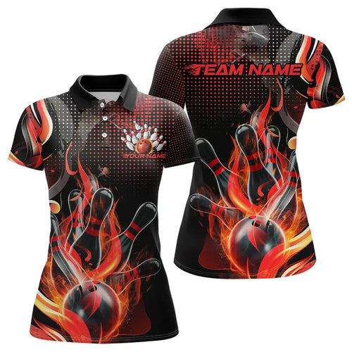 Custom Black And Red Flame Bowling Polo Shirts For Women, Fire Bowling League Shirt IPHW8240