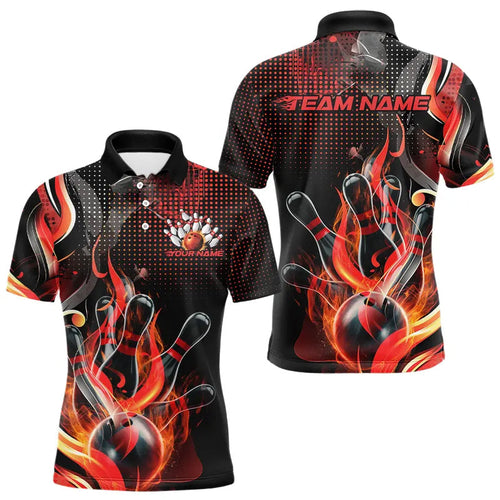Custom Black And Red Flame Bowling Polo Shirts For Men, Fire Bowling League Shirt IPHW8240