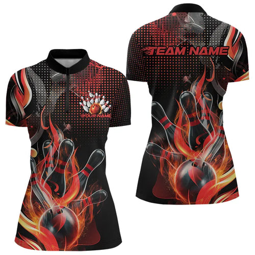 Custom Black And Red Flame Bowling Quarter-Zip Shirts For Women, Fire Bowling League Shirt IPHW8240