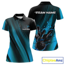 Load image into Gallery viewer, Custom Black And Blue Gradient Flame Bowling Team Jerseys, Fire Bowling Shirt For Women IPHW10571