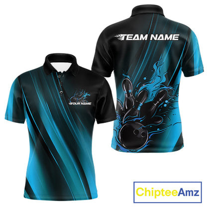 Custom Black And Blue Gradient Flame Bowling Team Jerseys, Fire Bowling Shirt For Men IPHW10571