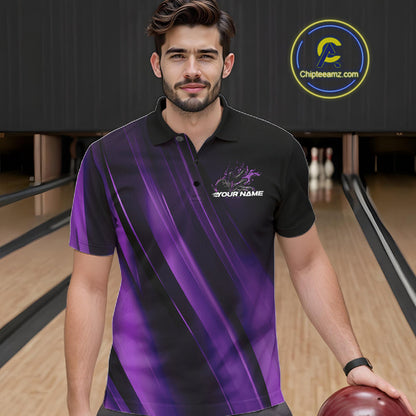Custom Black And Purple Gradient Flame Bowling Team Jerseys, Fire Bowling Shirt For Men IPHW10572