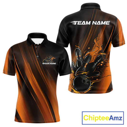 Custom Gold And Orange Gradient Flame Bowling Team Jerseys, Fire Bowling Shirt For Men IPHW10573