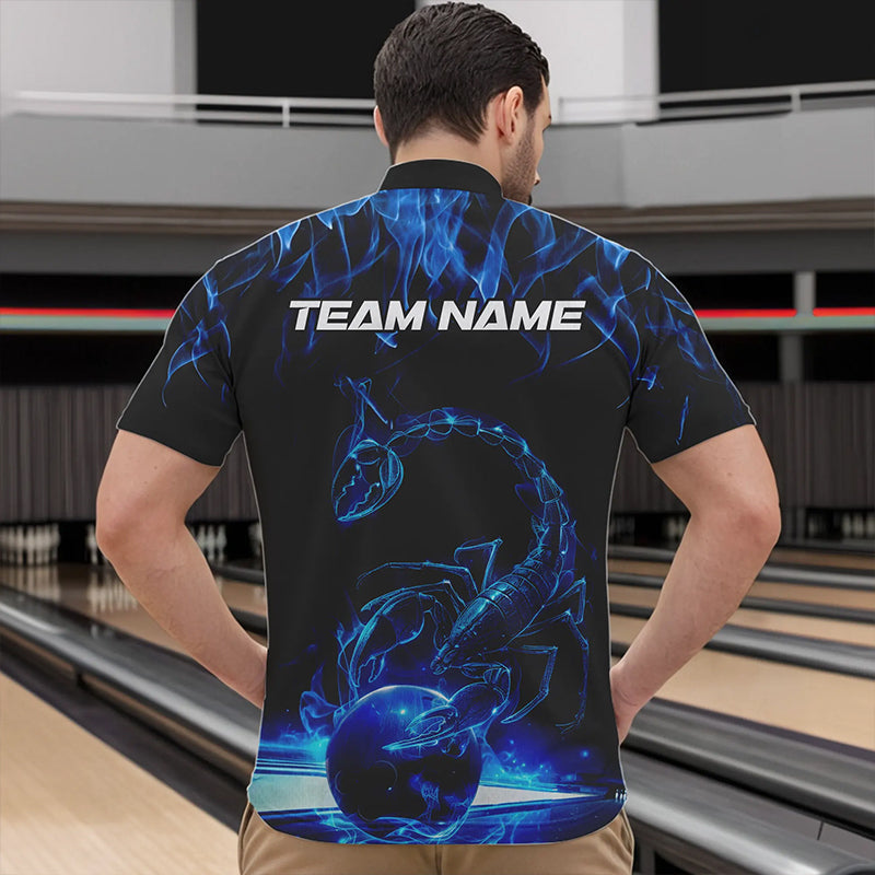 Custom Black And Blue Flame Scorpio Zodiac Bowling Men Quarter-Zip Shirts, Scorpion Bowling Team IPHW8969