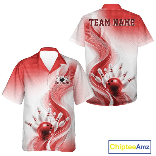 Front and back button-up bowling shirt mockup in white and red with flowing abstract wave accents and a glossy bowling ball hitting the pins
