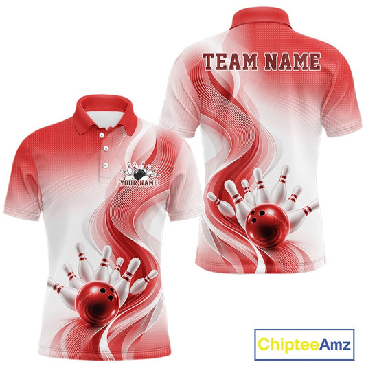 Front and back mockup of a mens white and red bowling polo shirt featuring flowing abstract wave artwork and glossy bowling strike graphics