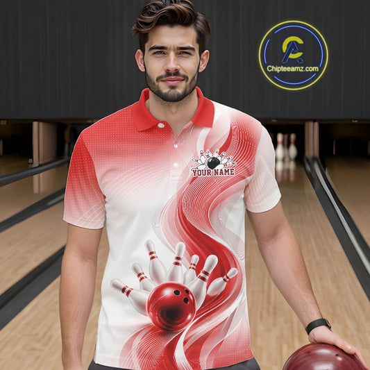Front view of a male model in a white and red bowling polo featuring flowing wave artwork and a glossy bowling ball knocking down pins inside a bowling alley