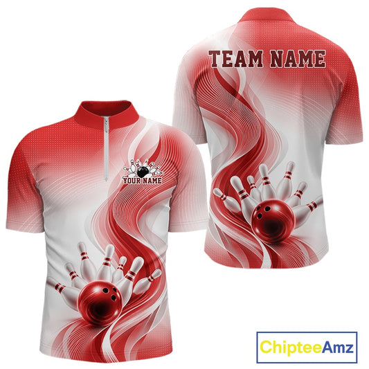 Front and back view of a mens white and red bowling quarter-zip mockup featuring flowing wave patterns and a glossy bowling action graphic