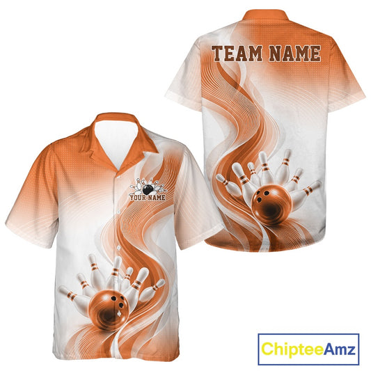 Front and back button-up bowling shirt mockup in white and orange featuring flowing abstract wave graphics and a glossy bowling ball striking pins
