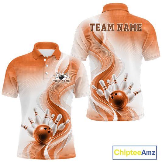 Mens white and orange bowling polo shirt mockup displayed from front and back with abstract wave graphics and a bowling strike illustration