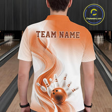 Load image into Gallery viewer, Back view of a male model wearing a white and orange bowling polo shirt with flowing abstract graphics and bowling action details