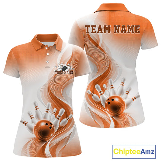 Front and back mockup of a womens white and orange bowling polo shirt featuring abstract wave motifs and bowling-themed details
