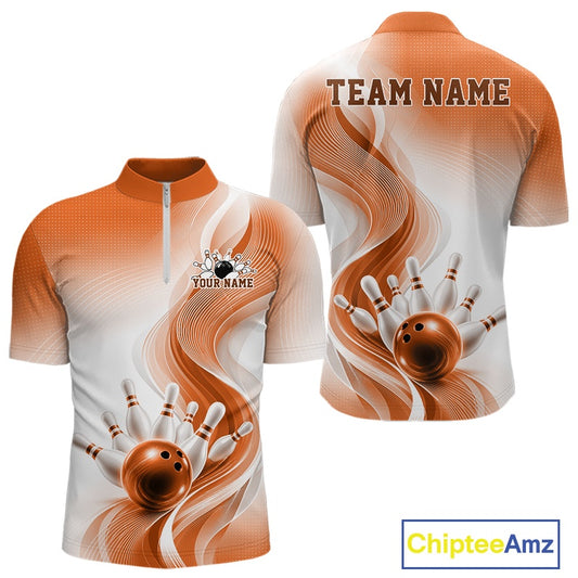 Front and back mockup of a mens white and orange bowling quarter zip featuring flowing abstract wave graphics and a glossy bowling ball knocking down pins