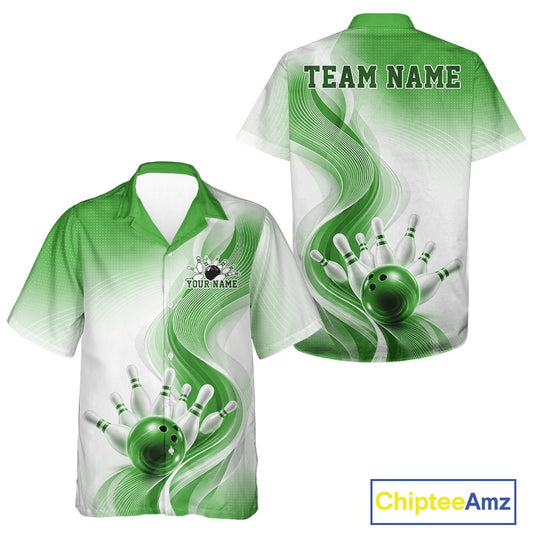 Front and back view of a white and green button-up bowling shirt mockup with sweeping wave patterns and bowling-themed graphics