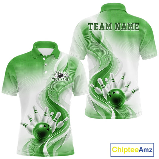 Mens white and green bowling polo mockup shown from front and back with flowing wave artwork and glossy bowling strike graphics
