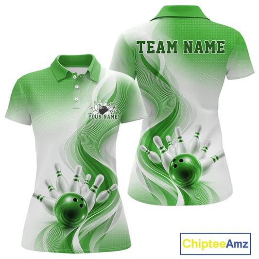 Front and back mockup of a womens white and green bowling polo with flowing abstract wave artwork and glossy bowling action graphics