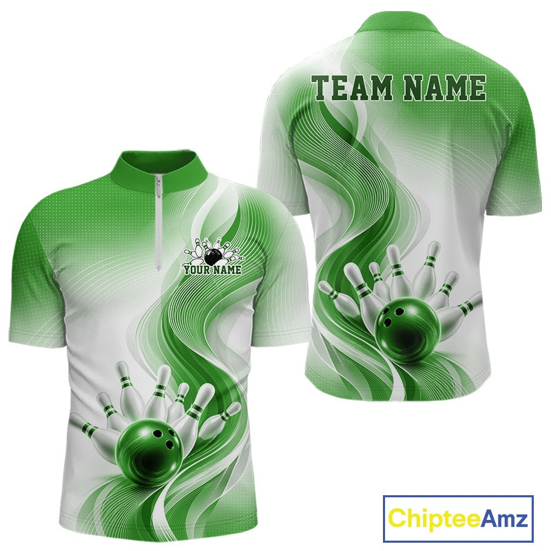 Mens white and green bowling quarter zip mockup shown from front and back with flowing wave graphics and a glossy bowling ball striking pins