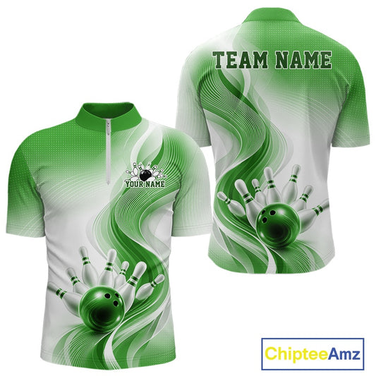 Mens white and green bowling quarter zip mockup shown from front and back with flowing wave graphics and a glossy bowling ball striking pins