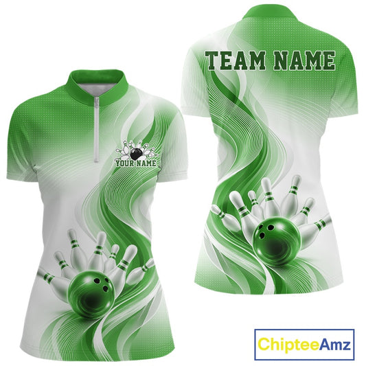 Front and back mockup of a womens white and green bowling quarter zip featuring flowing wave artwork and glossy bowling action graphics