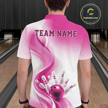 Load image into Gallery viewer, Back view of a mens white and pink bowling polo shirt featuring flowing wave graphics and a bowling ball striking the pins