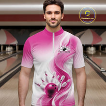 Load image into Gallery viewer, Front view of a male model wearing a white and pink bowling quarter-zip shirt with elegant wave motifs and bowling-themed graphics